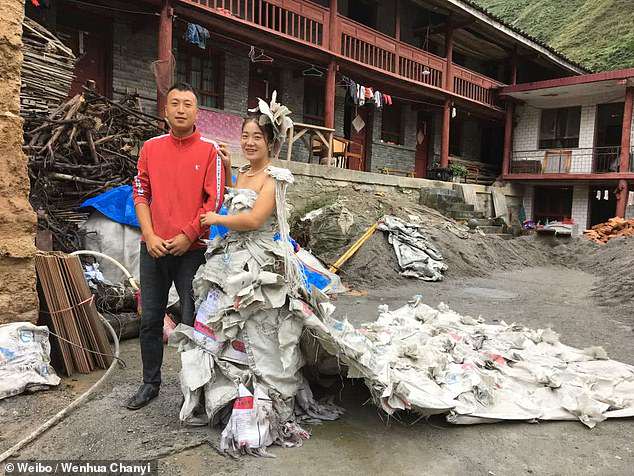 Chinese woman makes a wedding dress with 40 cement bags she found in her house