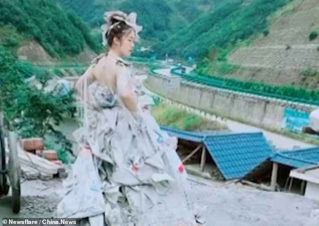 Chinese woman makes a wedding dress with 40 cement bags she found in her house