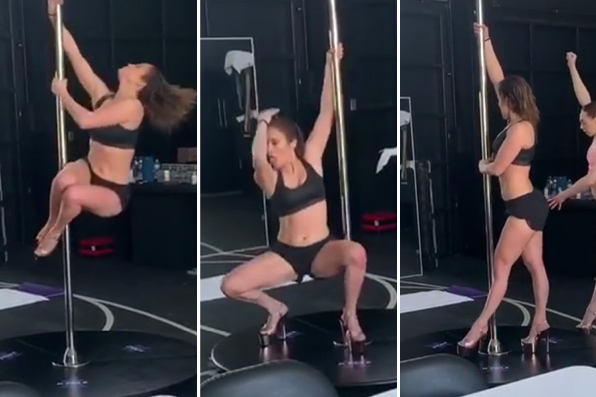 Jennifer Lopez practices pole dancing in front of Alex Rodriguez